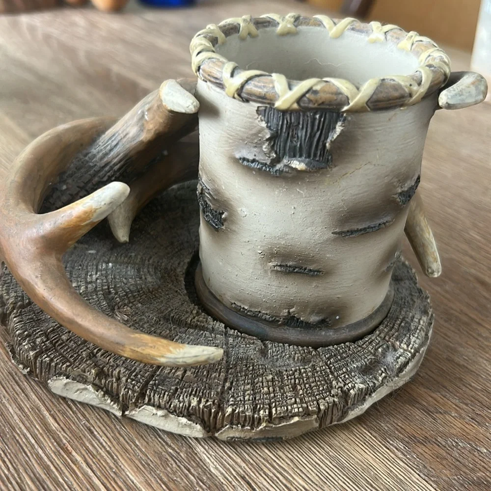 Deer antler toothbrush plate with cup holder and cup/candle holder